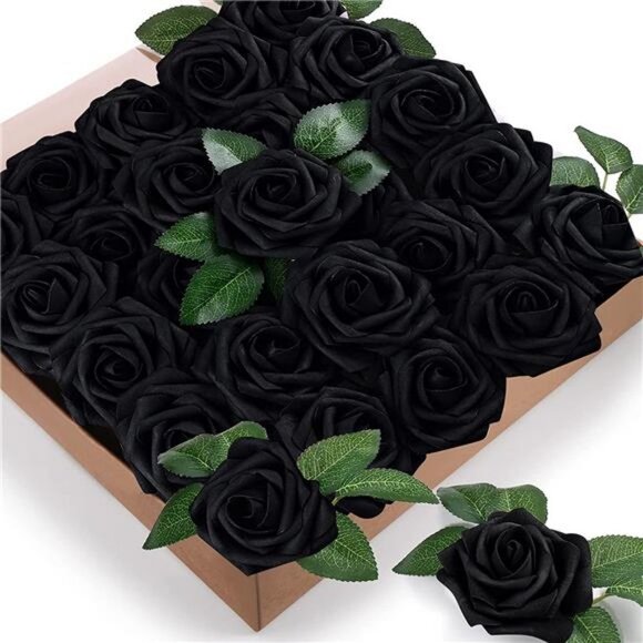 25pcs Artificial Flower Foam Rose, Handmade Big Fake Flower Head (Black) - Picture 2 of 7